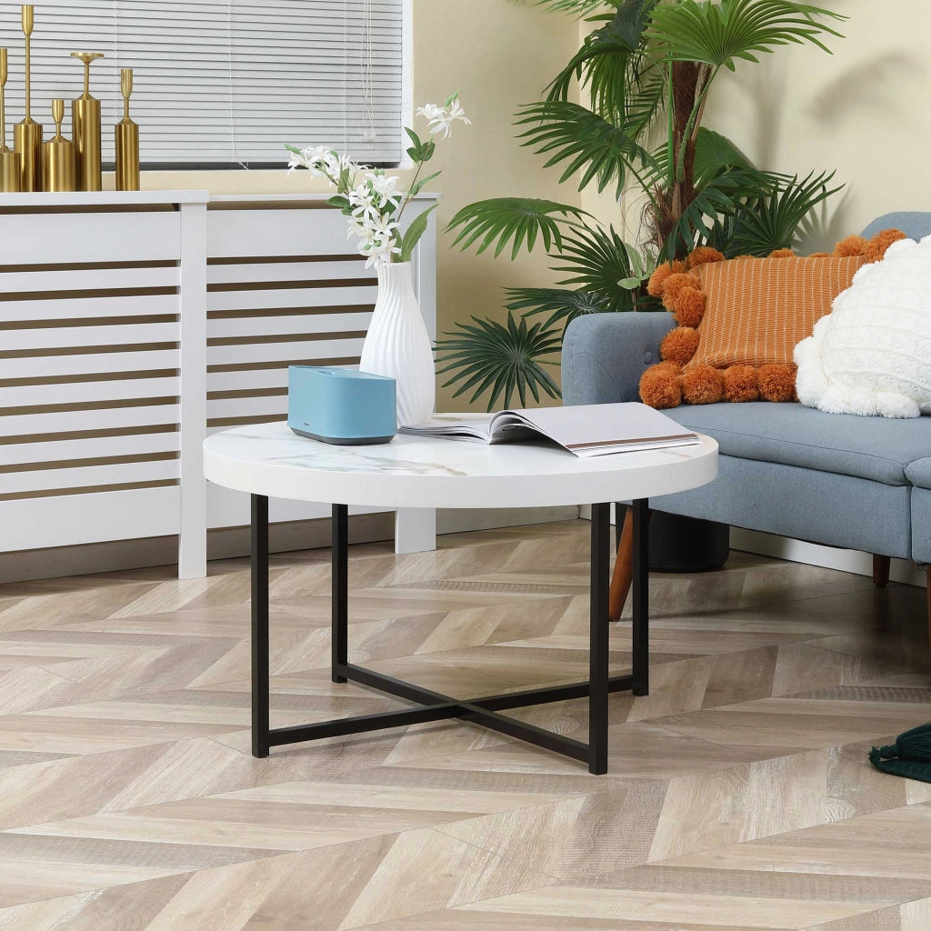 Tavolino da caffe' rotondo con piano effetto marmo e gambe metallo ¨C Zephmum ¨C Bianco 80x80x45 cm