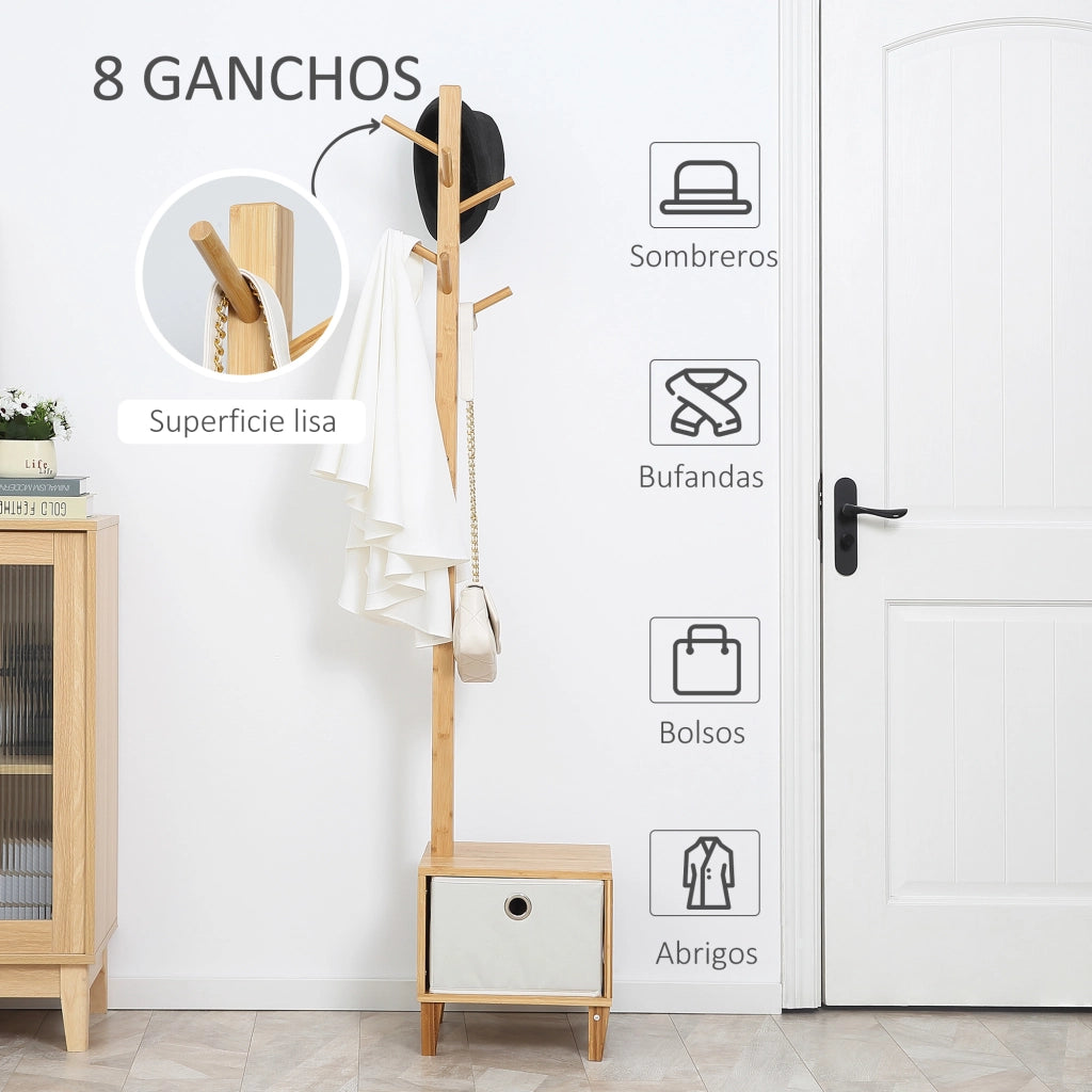 Appendiabiti con Banco e Cassetto ¨C Zephmum ¨C Legno Bamb¨´ Naturale 35x35x177 cm
