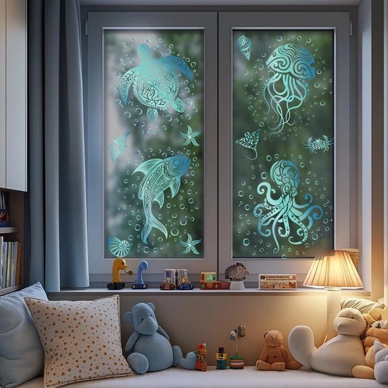 Decorazione per Finestre Doppia Facia Octopode e Tartaruga Decorazione per Finestre Sticker Riciclabile Sticker Autoadesivo per Finestre Decorazione Primavera Estate per Vetro Camera da Bambino Camera da Bagno