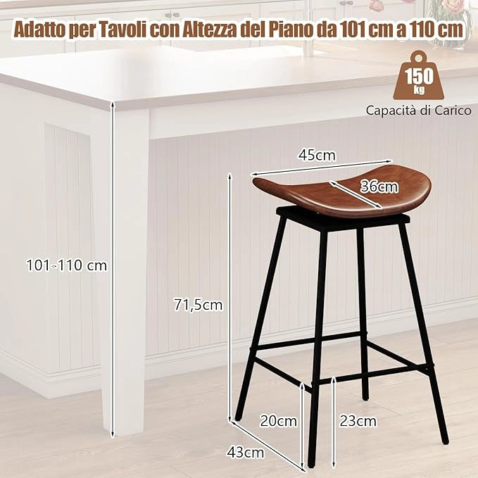 Set di 2 Sgabelli da Bar Girevoli, Sedie Alte Senza Schienale in Pelle Sintetica con Sedile a Sella Imbottito e Poggiapiedi, Portata 150 kg, per Isola della Cucina e Sala da Pranzo (Marrone)