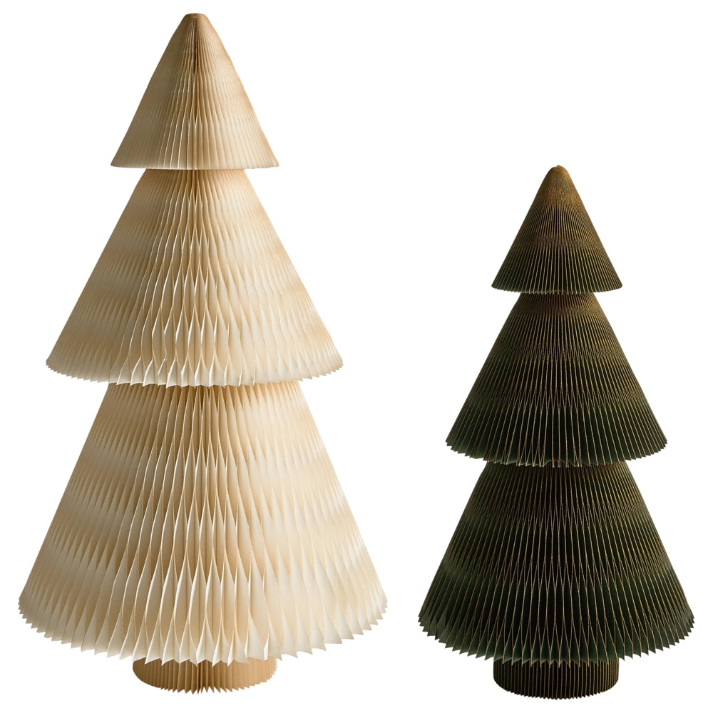 Set di 2 alberi di Natale Figurine Beige e verde Carta a nido d'ape Effetto 3D Stile Origami Motivo festivo