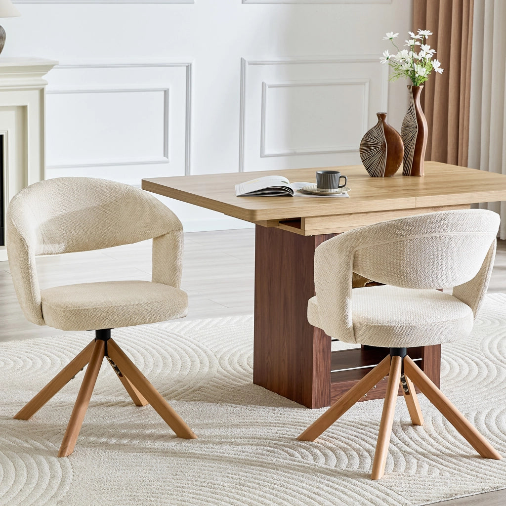 Sedia da Pranzo Set da 2 Girevole con Schienale Ergonomico e Rotazione Silenziosa, in Tessuto e Legno Massello Bianco, Legno