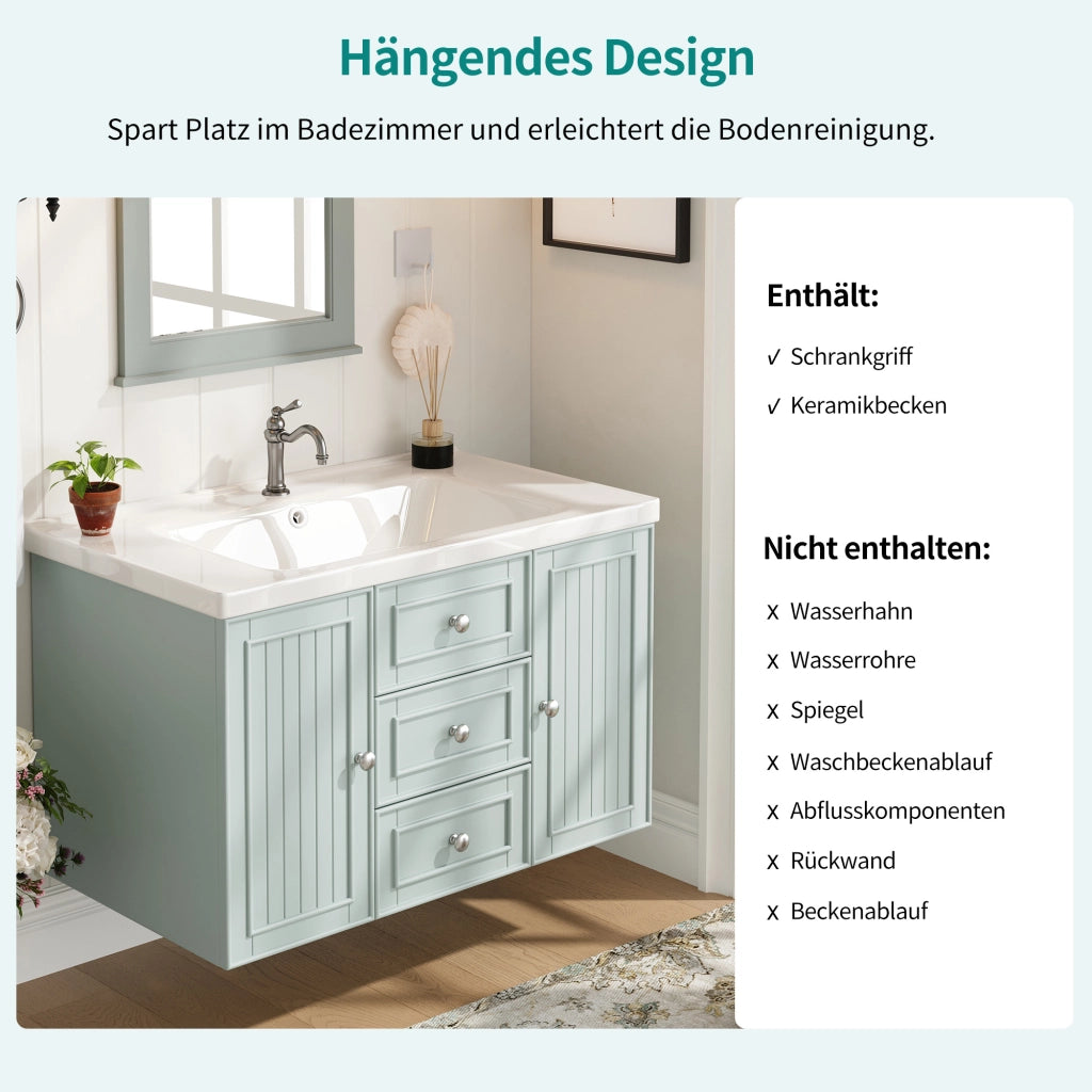Mobile sottolavabo con lavabo in ceramica, 3 cassetti, montaggio a parete, MDF verde per bagno 78,5 × 46 × 46,8 cm