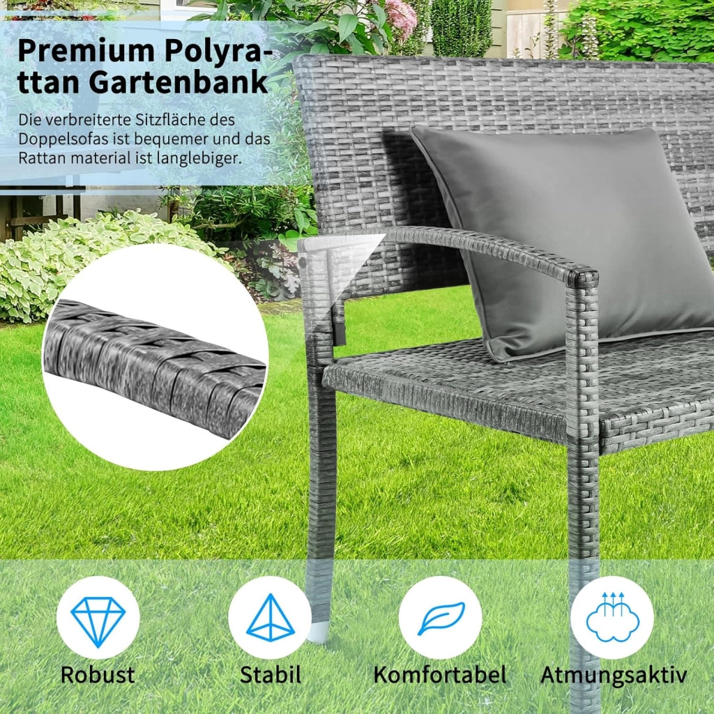 Panca da Giardino in Rattan, Panca da Balcone a 2 Posti, Resistente Alle Intemperie, Rattan Monofacciale, Sedia da Giardino per Esterno, Terrazze e Balcone, 122x60x85 cm, Grigia