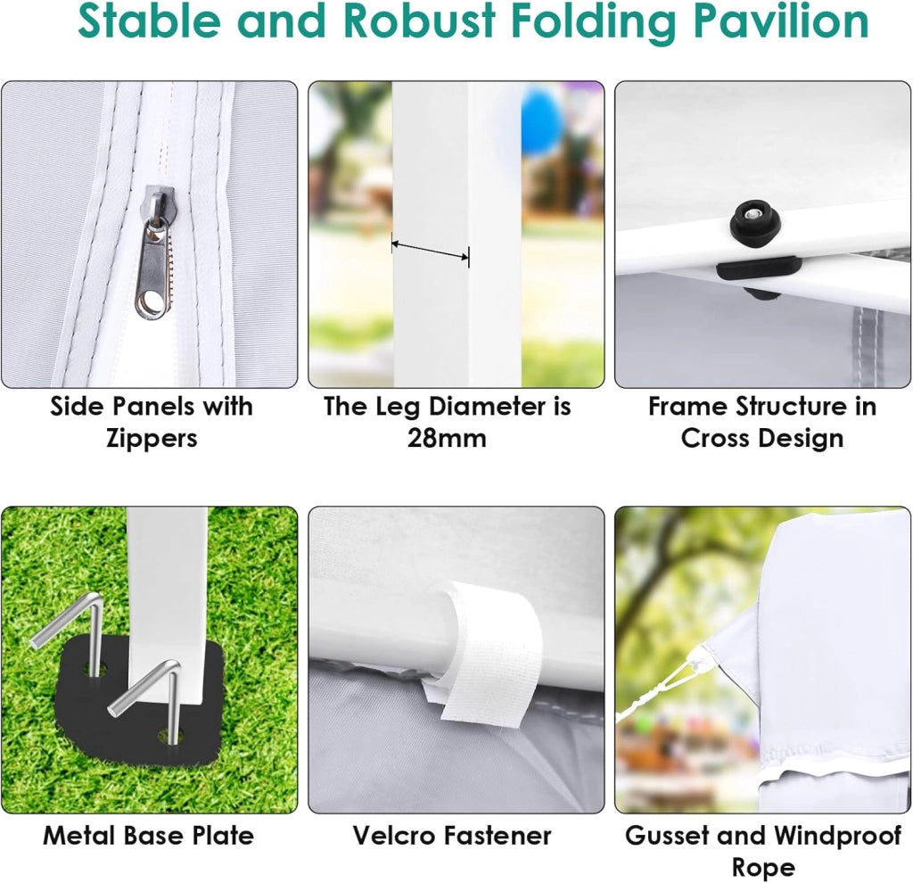 Gazebo 3x6 Pieghevole Impermeabile Con 6 Pareti Laterali - Tenda Protezione UV 50+ - 12 Chiodi Rettificati e 6 Corde - Per Esterno, Giardino, Campeggio, Matrimoni - Bianco