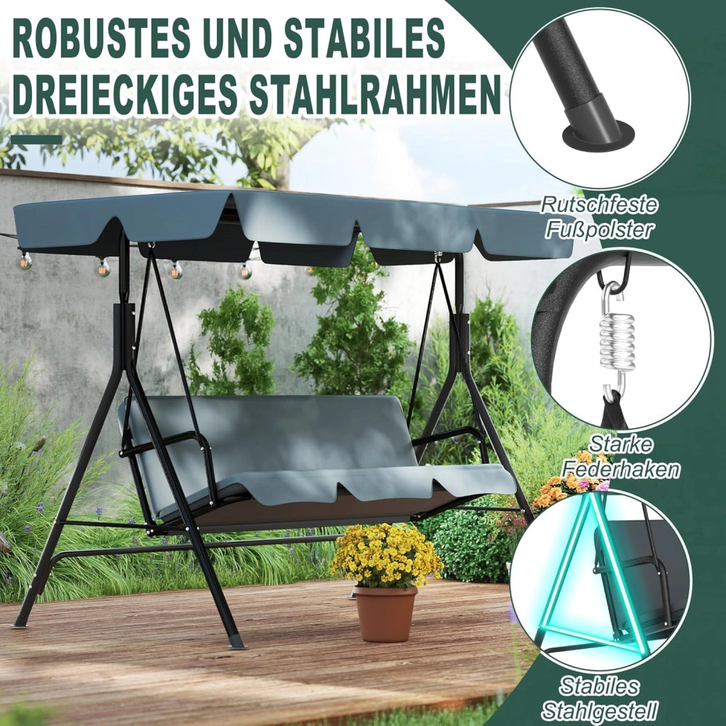 Dondolo da giardino a 3 posti, con rivestimento regolabile sul tetto, panca a dondolo da giardino, altalena sospesa, portata fino a 200 kg, 193 x 110 x 152 cm, antracite