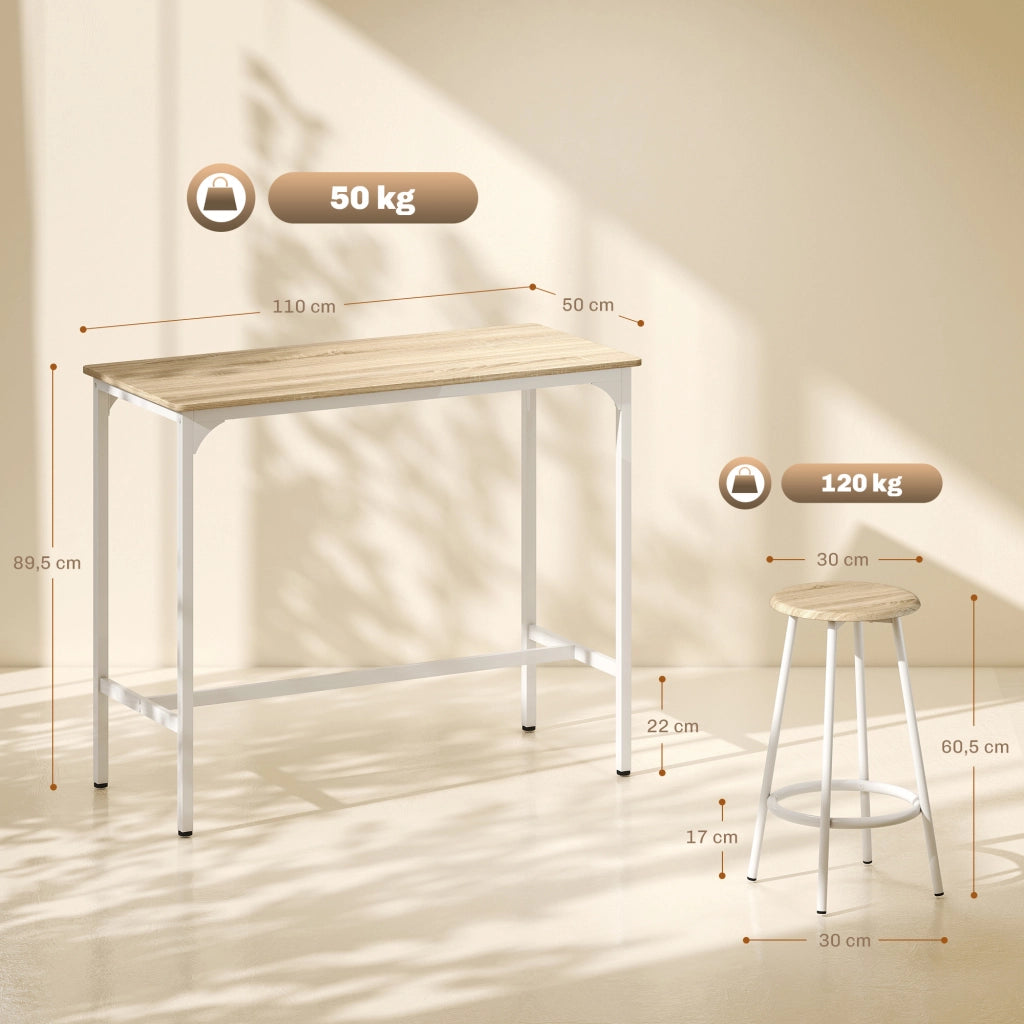Set Tavolo da Bar e 4 Sgabelli Stile Industriale ¨C zephmum ¨C Bianco e Legno Naturale
