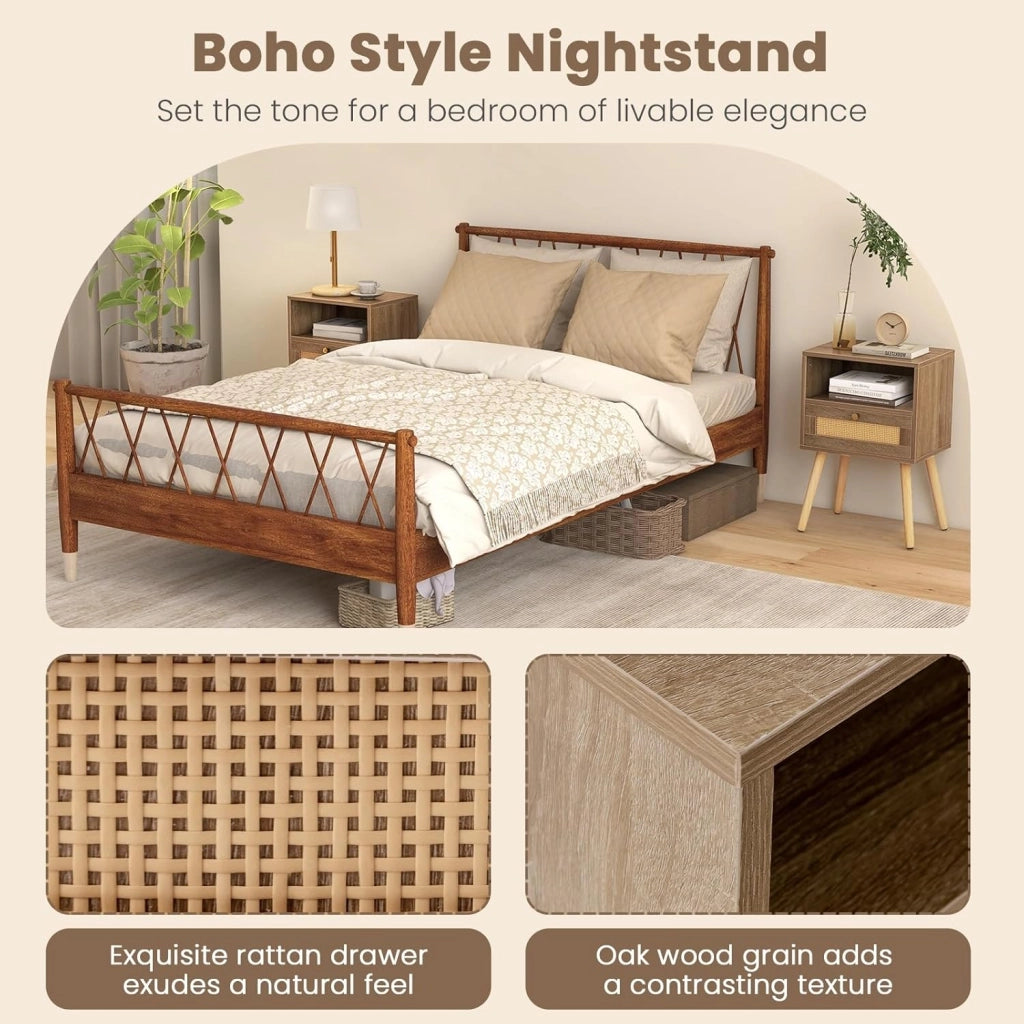 Comodino, comodino con cassetto in rattan e ripiano aperto, tavolino con gambe in legno massello, comodino in stile boho, per camera da letto, soggiorno, 40 x 30 x 60,5 cm
