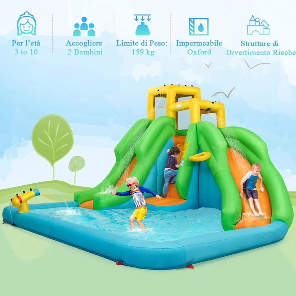 Castello Gonfiabile 5 in 1 con Soffiatore da 480W, Parco Acquatico con 2 Scivoli, Piscina, Parete di Arrampicata, Cannone, Cerchio e Palla da Basket, Borsa di Trasporto e Kit di Riparazione