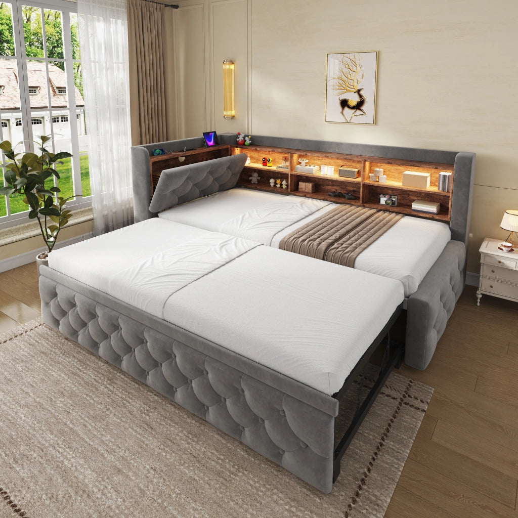 Letto divano singolo 90 × 190 cm estraibile, contenitore, LED, USB e Type-C, senza materasso, grigio