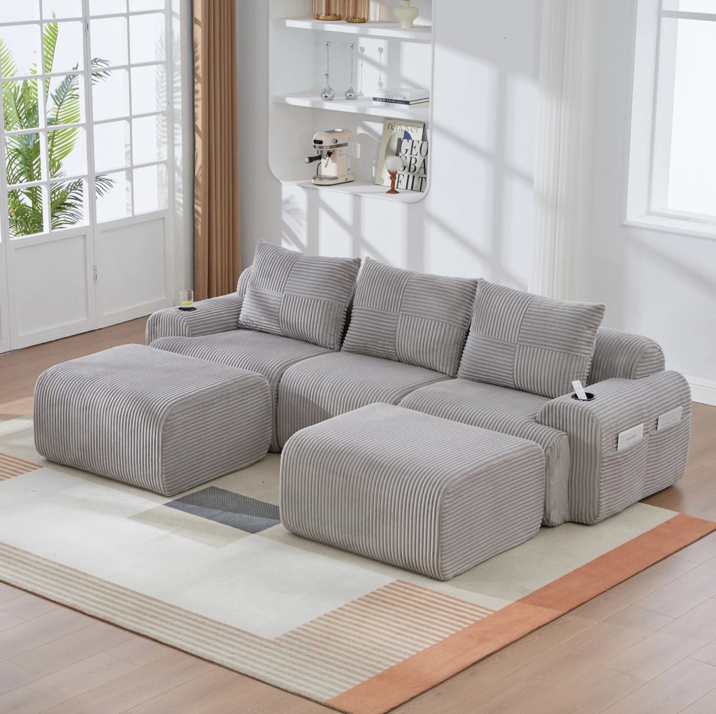 Divano modulare a 3 posti in corduroy grigio chiaro; con portabicchieri e tasca laterale; 268 cm