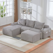 Divano modulare a 3 posti in corduroy grigio chiaro; con portabicchieri e tasca laterale; 268 cm