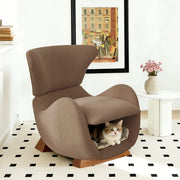 OKWISH Poltrona in Tessuto con Nicchia Integrata per Gatto o Cane di Piccola Taglia, Seduta Ergonomica, Legno, Marrone