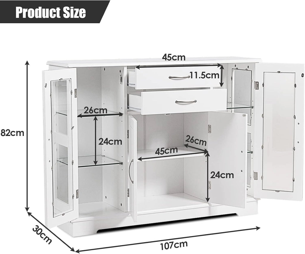 Credenza e Buffet a Ripiani, con 4 Ante e 2 Cassetti, Mensole Regolabili, Armadietto Laterale per Soggiorno, Sala da Pranzo, Cucina, 107 x 30 x 82 cm, Bianco