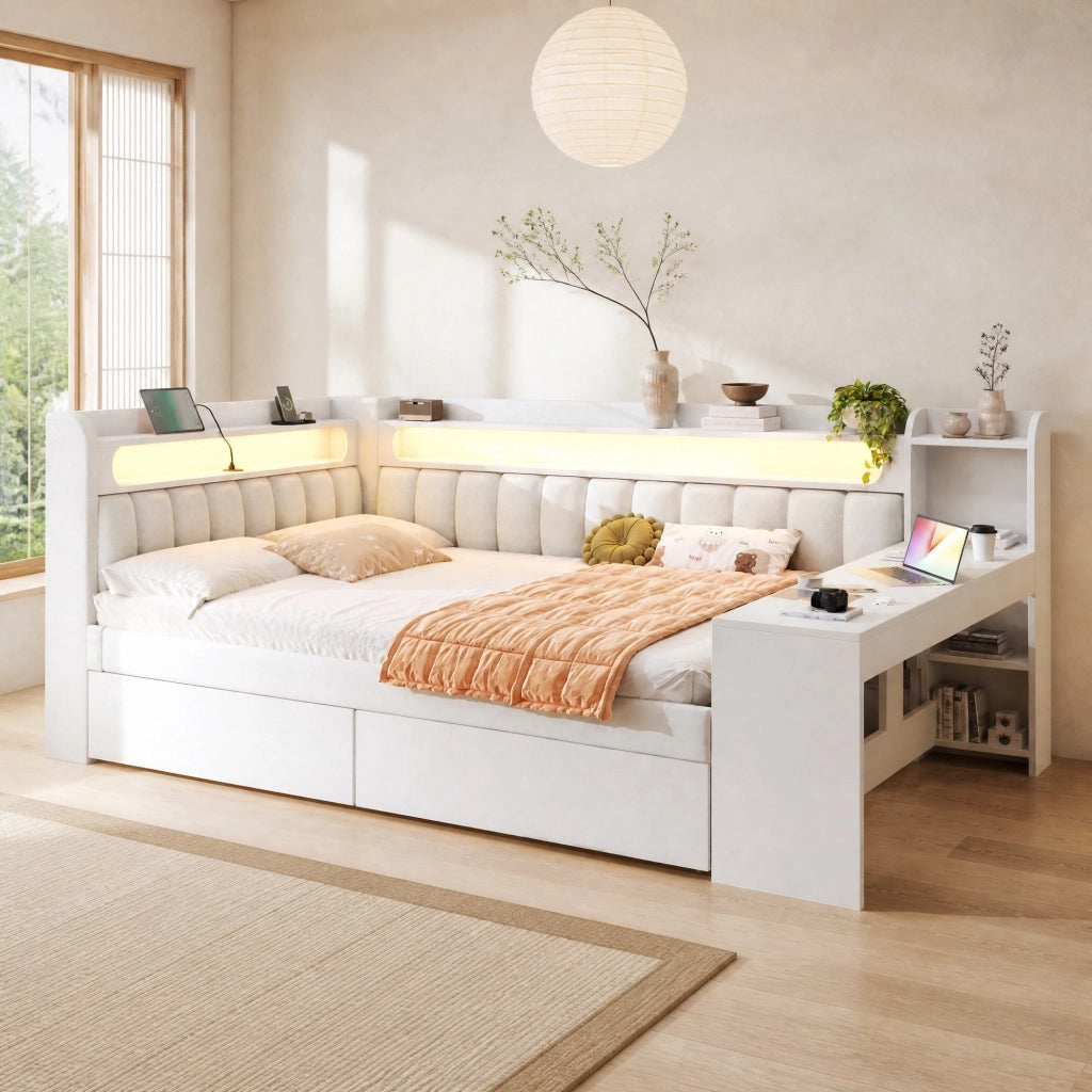 Letto daybed 140x200 cm con LED; porte USB; scrivania integrata e 2 cassetti; bianco
