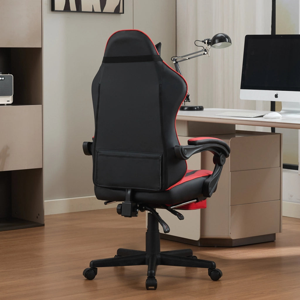 Sedia gaming con tasca posteriore e cilindro pneumatico a 3 livelli in PVC nero rosso 77 × 25,5 × 59,0 cm