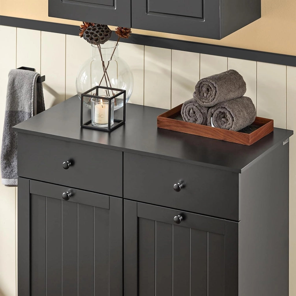 Mobile bagno con portabiancheria - Mobiletto bagno salvaspazio con 2 cassetti e 2 sacchi estraibili - Mobile lavanderia per ingresso o cucina in MDF, Nero, 78x38x90cm, BZR33-II-SCH