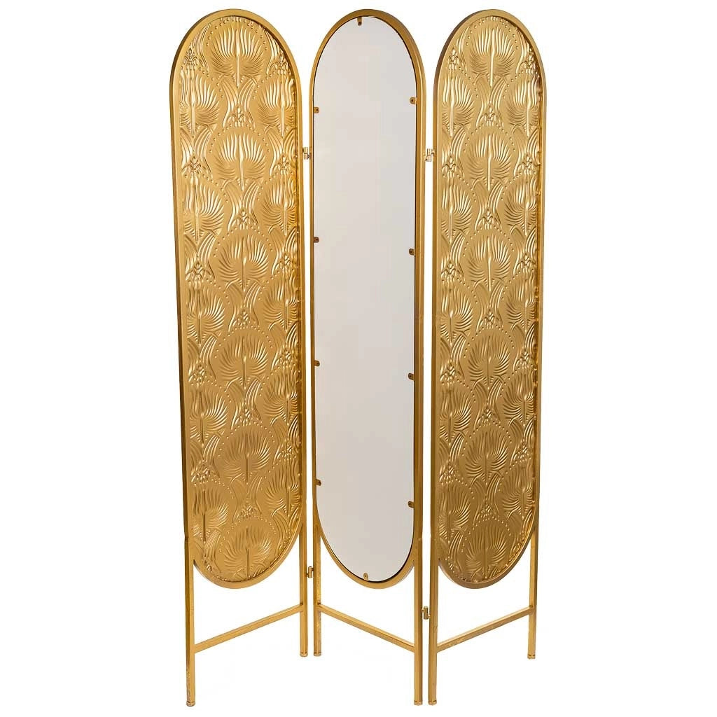 Paravento a 3 foglie in metallo con specchio centrale dorato 121x3x165,5h