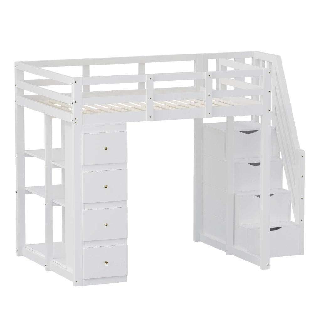 LETTO a soppalco 140x200 cm in legno bianco con 4 cassetti e scala laterale