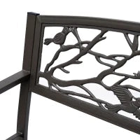 Panchina da giardino Impermeabile Acciaio e Ghisa per Esterni, Schienale con Decorazioni Motivo Naturale, 127x60cm, Marrone