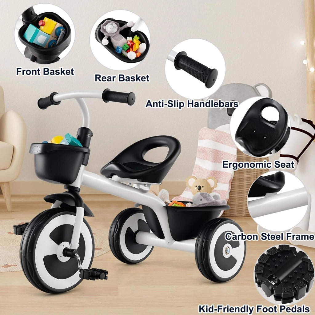 Triciclo Bambino 1-5 Anni, Triciclo Evolutivo con Sedile Comodo Regolabile in 2 Posizioni, Struttura a Triangolo Stabile, 2 Cestini di Stoccaggio, Ruote Antiscivolo, Carico 25 KG (Bianco)
