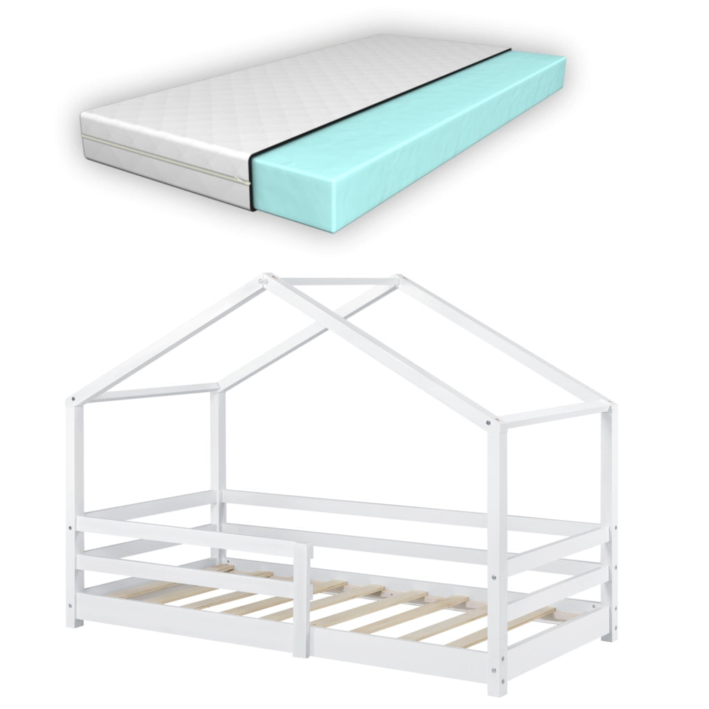 Letto per Bambino a Forma di Casetta con Barriere di Sicurezza e Materasso Ortopedico 70 x 140 cm Lettino in Legno di Pino con Sponde - Bianco