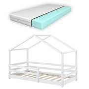 Letto per Bambino a Forma di Casetta con Barriere di Sicurezza e Materasso Ortopedico 70 x 140 cm Lettino in Legno di Pino con Sponde - Bianco