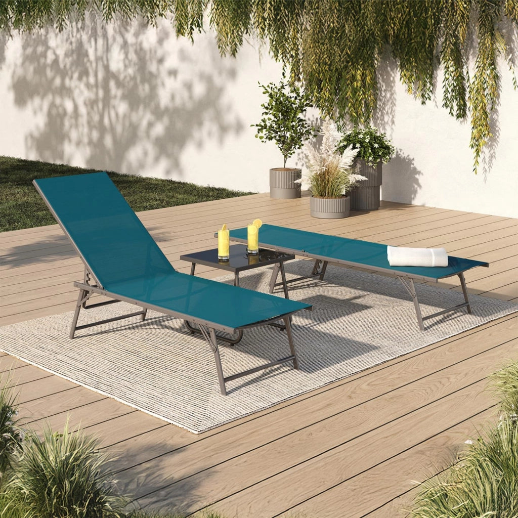 Set di 2 lettini da Giardino reclinabili Kailua in Acciaio Grigio Antracite e Tessuto Blu Anatra