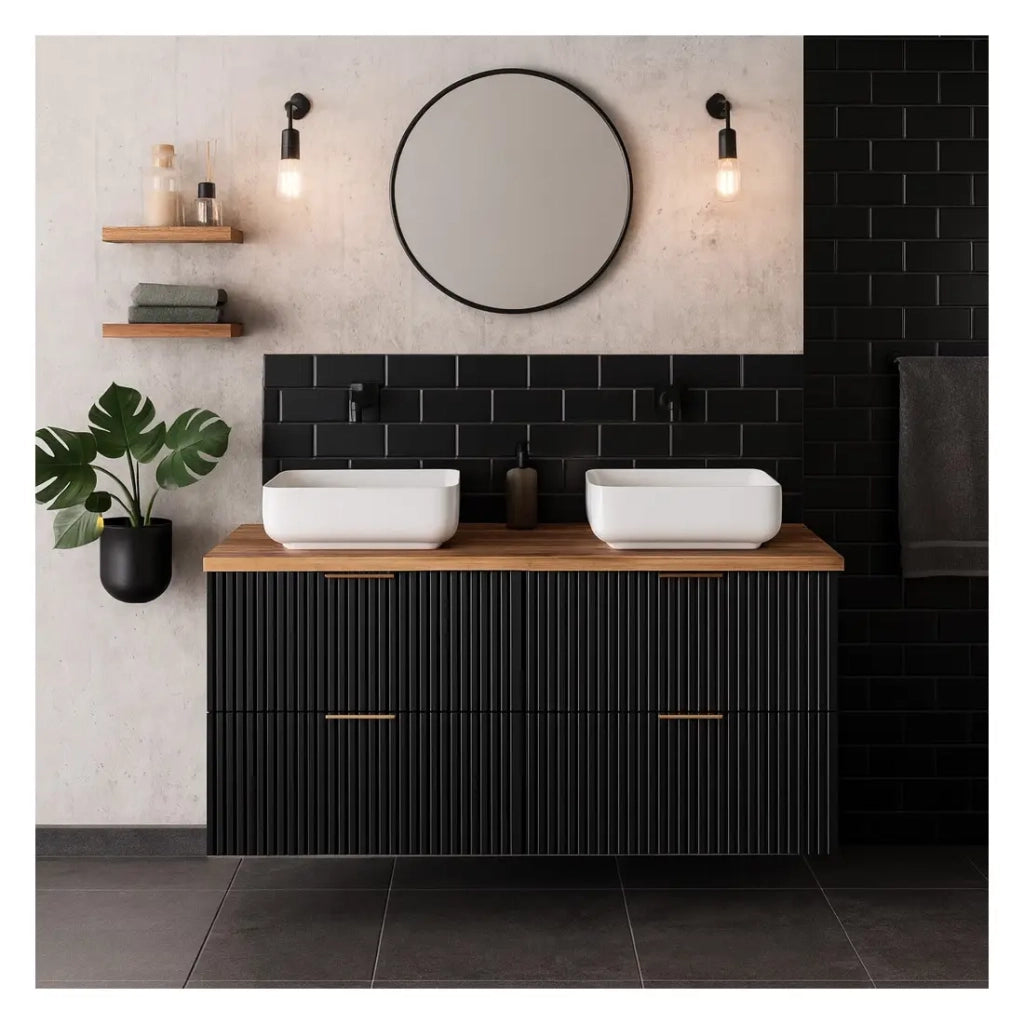 Insieme di mobili sotto lavabo NOXERA 120 cm - Nero opaco e rovere - 2 mobili + piano per lavabo