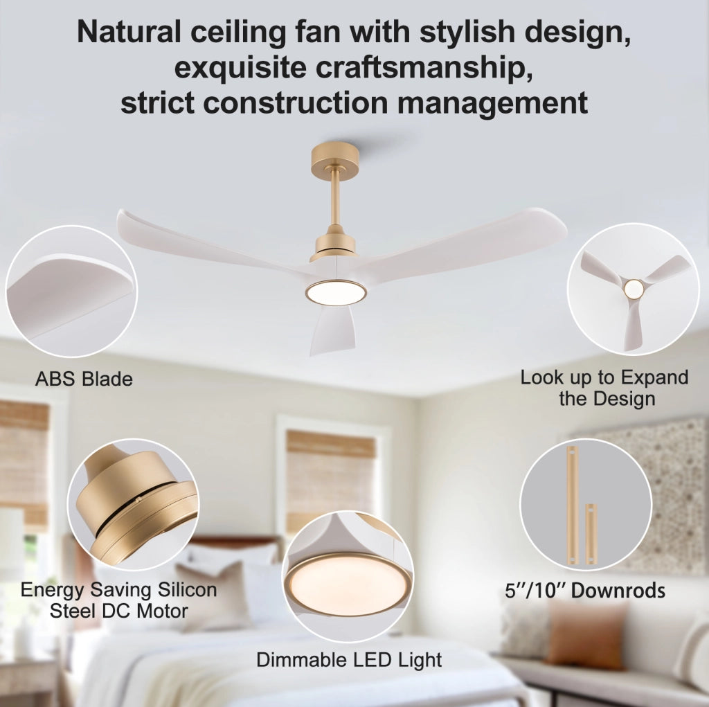 Ventilatore da soffitto 52 pollici con luce, telecomando, 3 pale ABS, bianco e oro