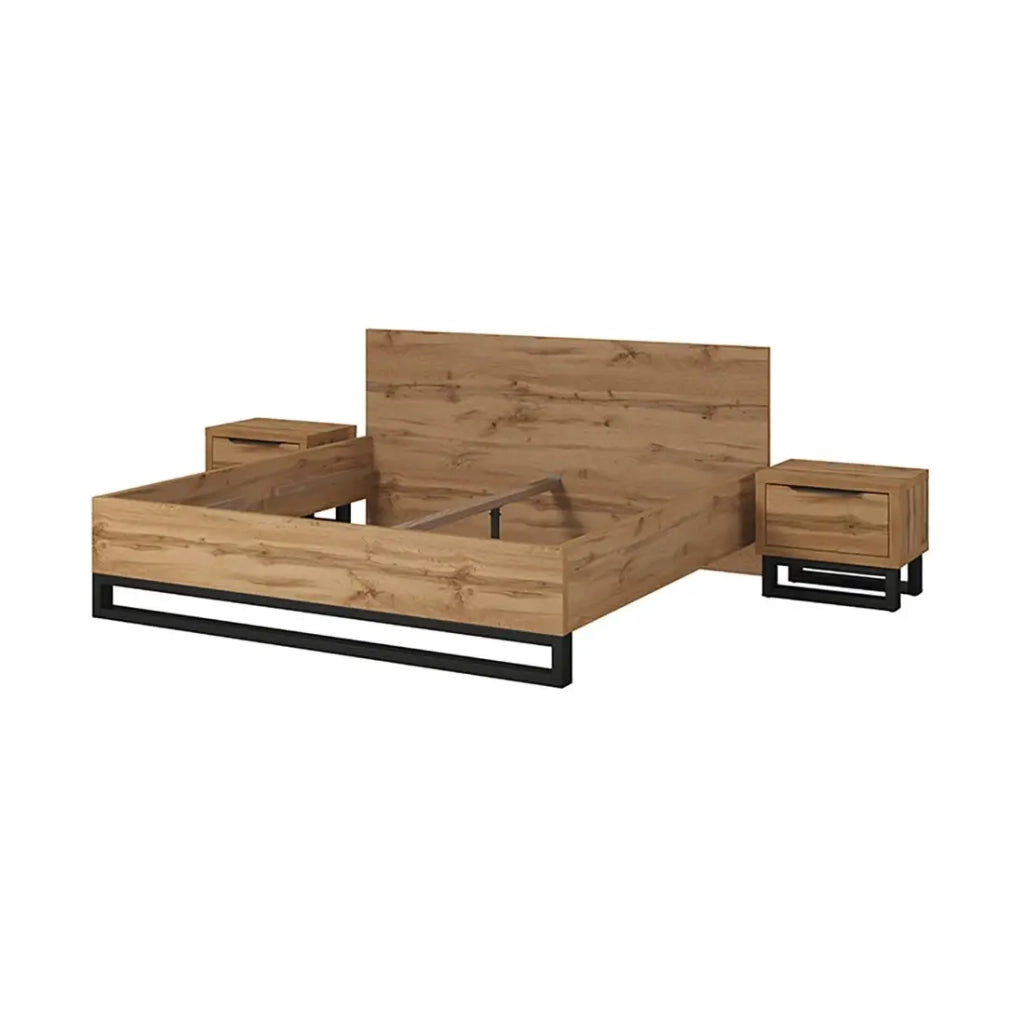Set letto 180x200 e due comodini stile industriale - Collezione MILOS. Colore rovere grezzo e nero. Rete inclusa