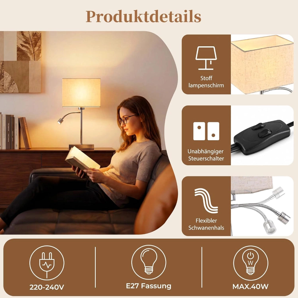 ZMH Lampada da Tavolo LED E27 Moderna Paralume in Tessuto Orientabile 360¡ã Interruttore per Camera Letto Hotel