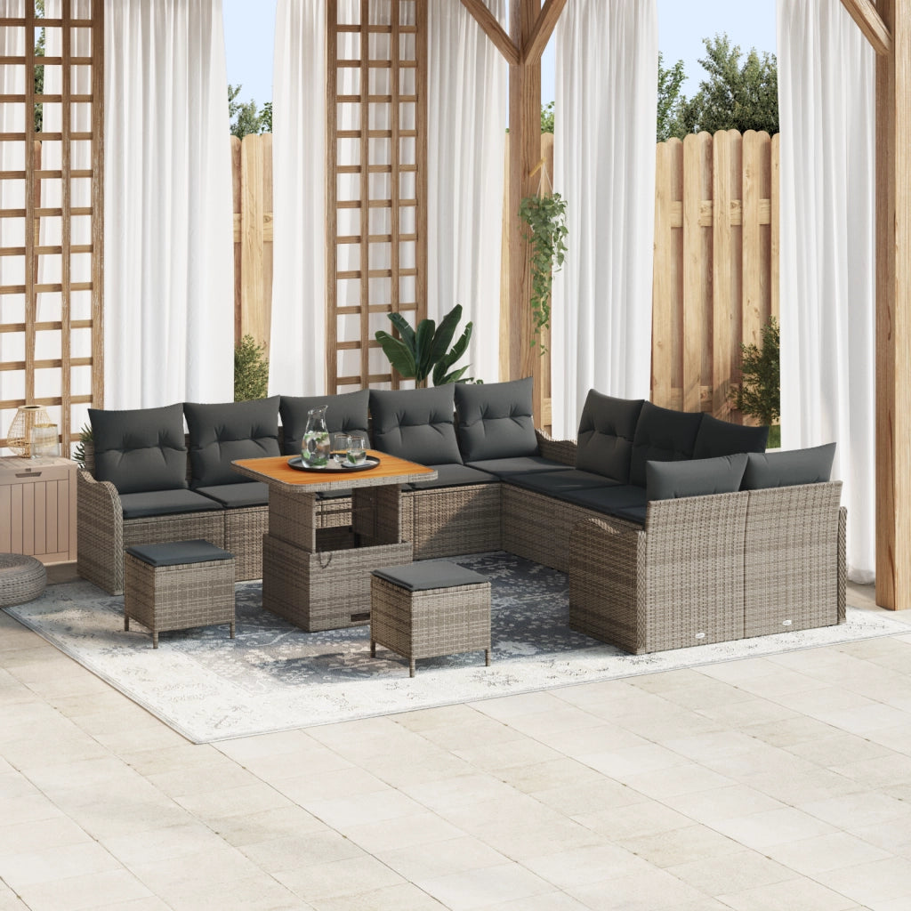 Set divano da giardino da 13 pezzi con cuscini in polirattan grigio e acacia