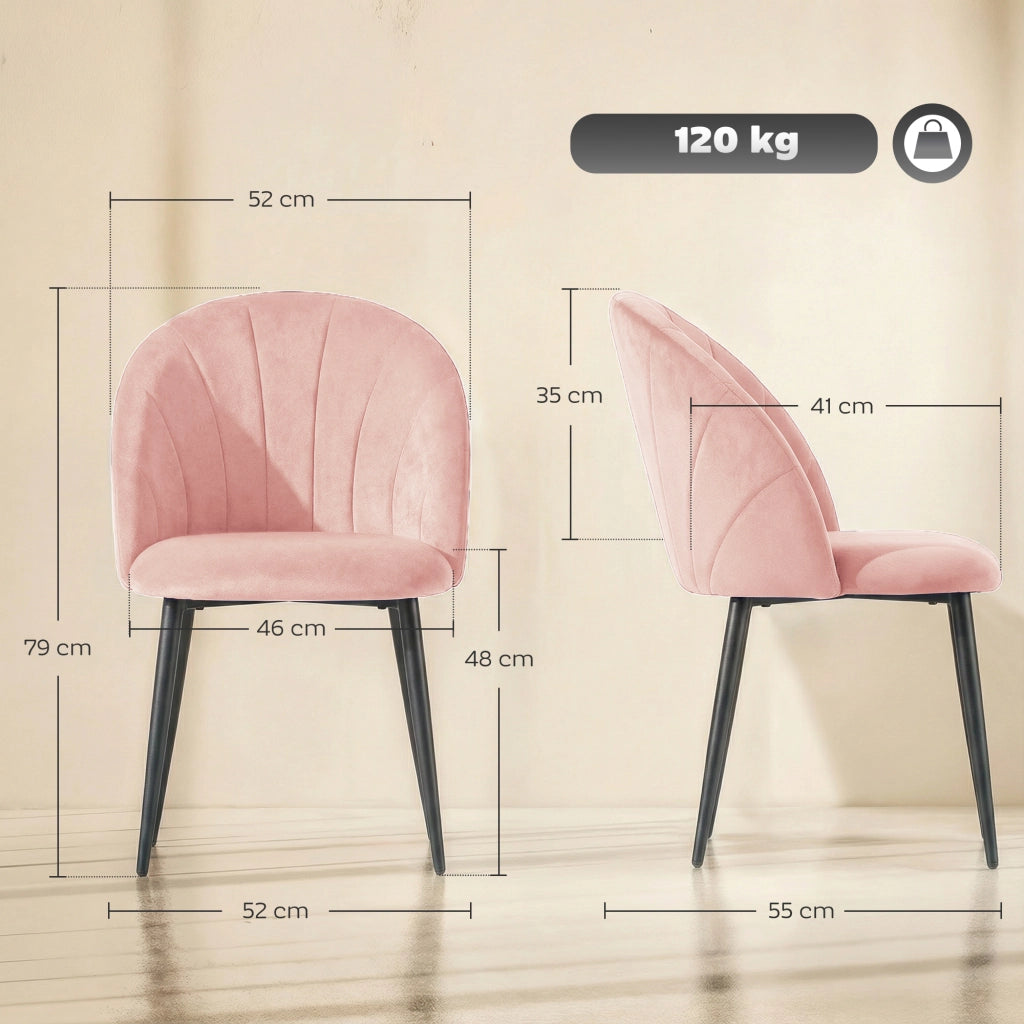 Set 2 Sedie da Pranzo Imbottite 52x55x79 cm con Schienale a Conchiglia in Velluto Rosa