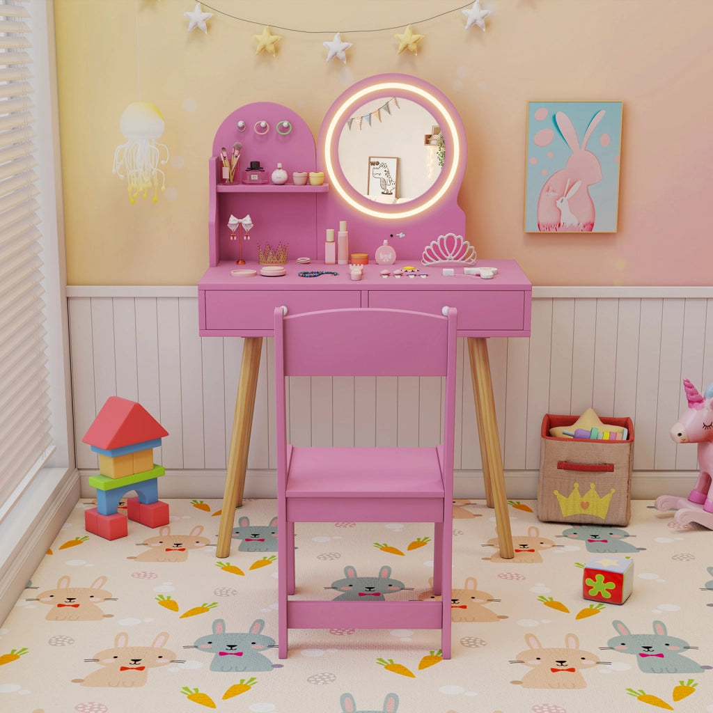 Set da trucco per bambini con specchio illuminato-Set da tavolo e sedia da principessa con ripiano aperto Rosa