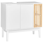 Mobile lavabo Bamboo MDF con gambe in legno di pino scaffali e spazio di archiviazione, arredamento per bagno bianco e legno chiaro