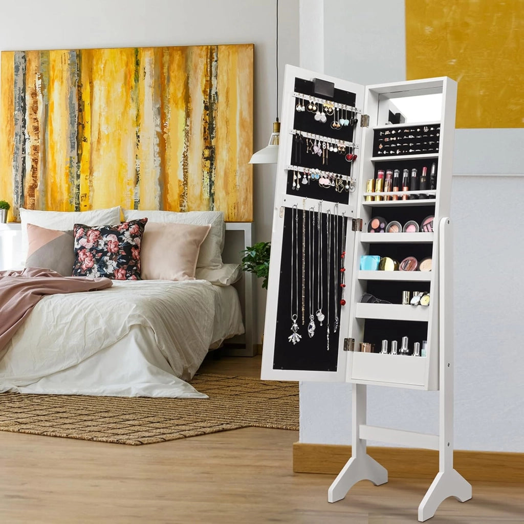 Portagioie Armadietto Specchiera con 18 Luci LED, Specchio a Figura Intera, Organizer per Gioielli Moderno Elegante, 145x35x31,5cm (Bianco)