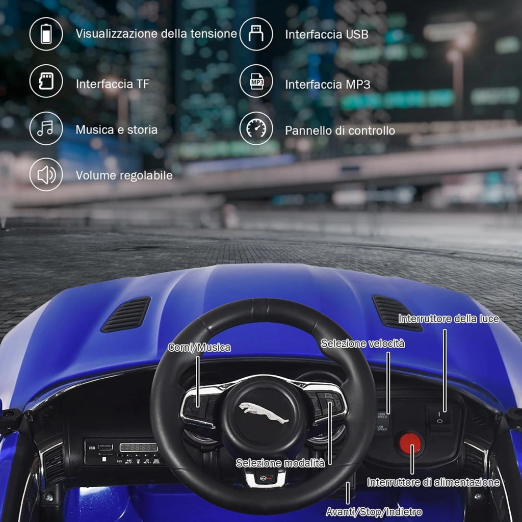 Jaguar Auto Elettrico 12 V per Bambini, Macchina Elettrica con Telecomando, con Luci Musica Storia, Avvio Lento, Velocità 3-5 km/h (Blu)