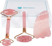 Strumenti di massaggio a rullino e Gua Sha a forma di rospo in quarzo: Rullino massagante multifunzionale con pietra naturale del 100% quarzo, certificato, rullo anti-rughe, riduce le zone scure, le infiammazioni