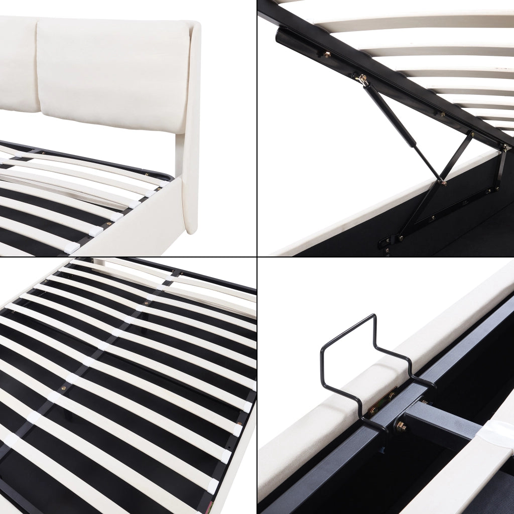 Struttura Letto Francese Lunner 140 x 200 cm con Contenitore e Testiera Imbottita - Beige [en.casa]