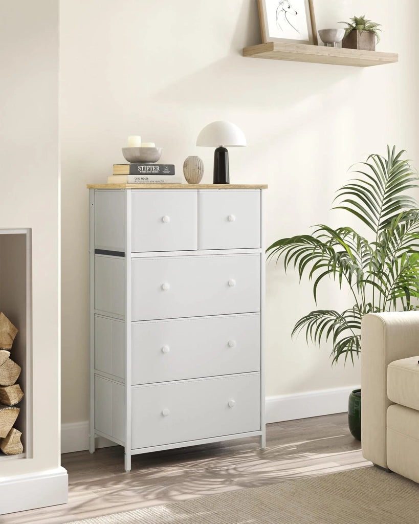SONGMICS Cassettiera, Mobiletto con 5 Cassetti in Tessuto, Piano e Fronte in Truciolato, Credenza, Camera da Letto Soggiorno Ingresso Cameretta, Bianco e Rovere LTS514W57