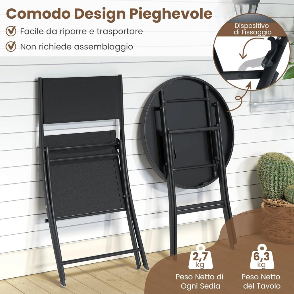 Set Tavolino e Sedie da Giardino Pieghevole, Set Bistro 3 Pezzi, Tavolino con Piano in Vetro Temperato e Metallo, Sedie con Tessuto Textilene Impermeabile, per Balcone, Patio, Piscina