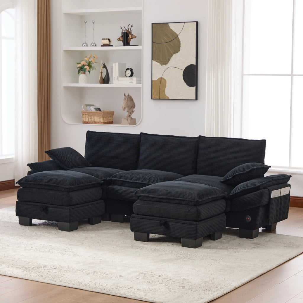 DIVANO 3 POSTI MODULARE 260x132x84 cm CORDUROY NERO con 2 pouf