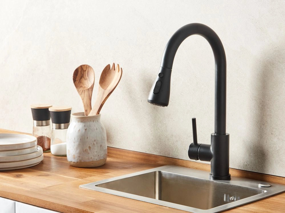 Rubinetto da cucina moderno rubinetto miscelatore a spruzzo estraibile bobina a molla in acciaio inossidabile beccuccio girevole nero