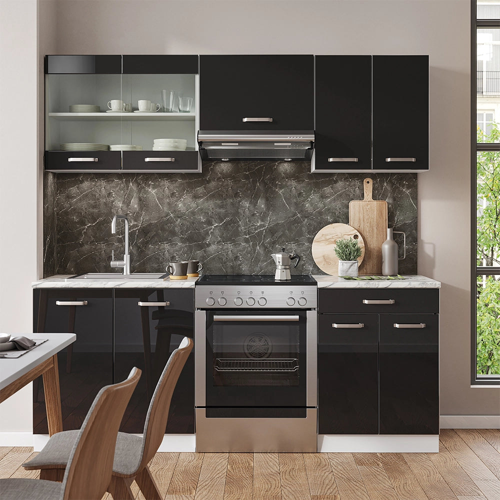Vicco Cucina componibile Nero lucido/bianco 200 cm Senza piano di lavoro