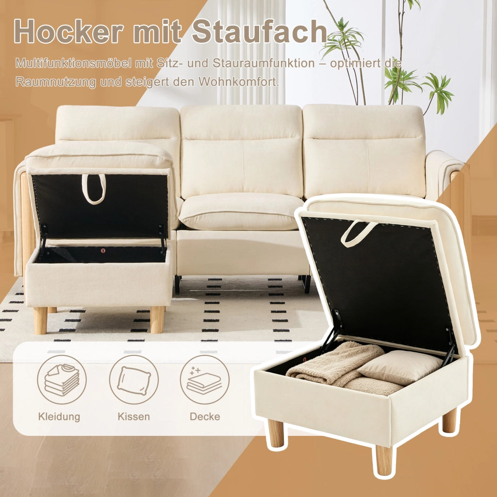 Divano ad angolo modulare in chenille con pouf contenitore e tasche laterali in legno beige per piccoli spazi