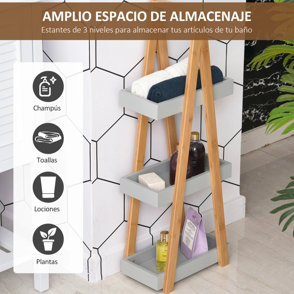Scaffale da Bagno in Bamb¨´ con 3 Ripiani A-Forma ¨C zephmum ¨C Naturale e Grigio 30x18x81 cm