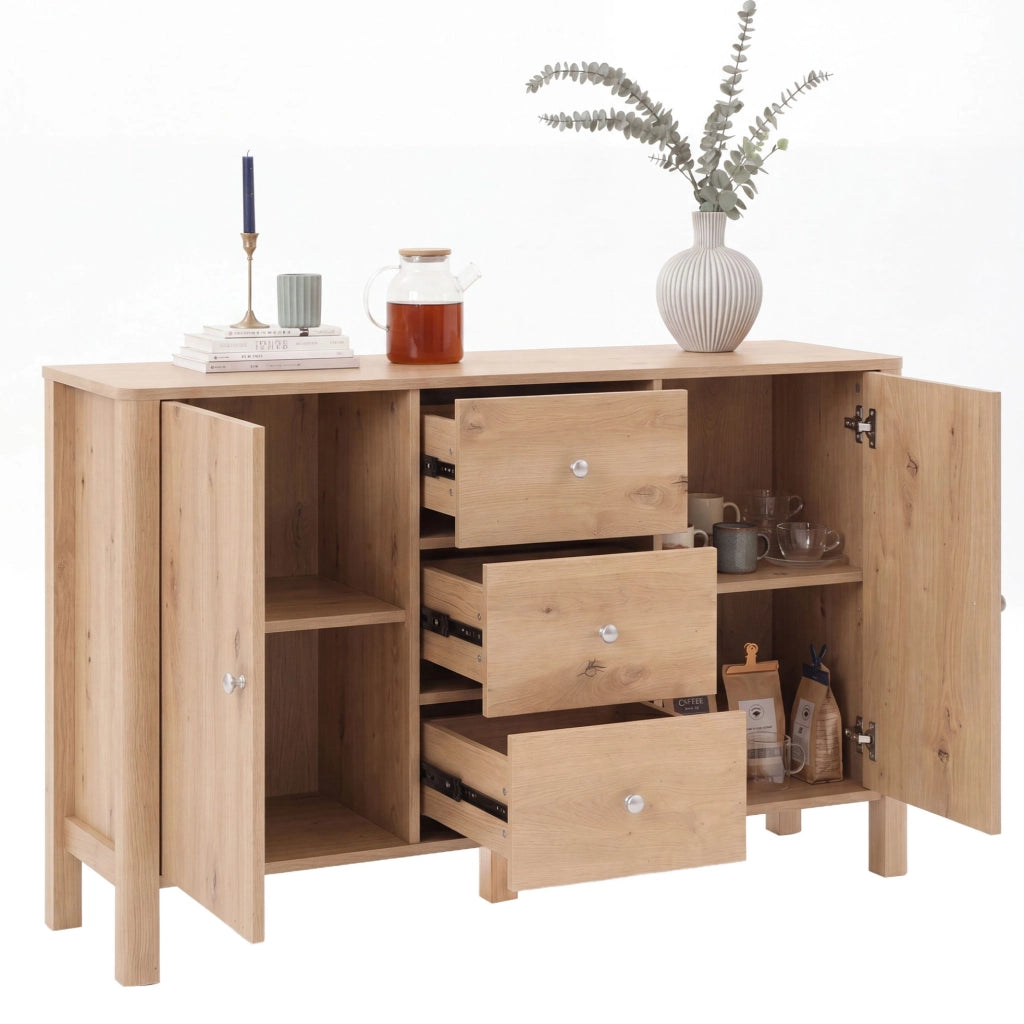 Credenza 120x40x80 cm con 3 cassetti e 2 ante in truciolare naturale