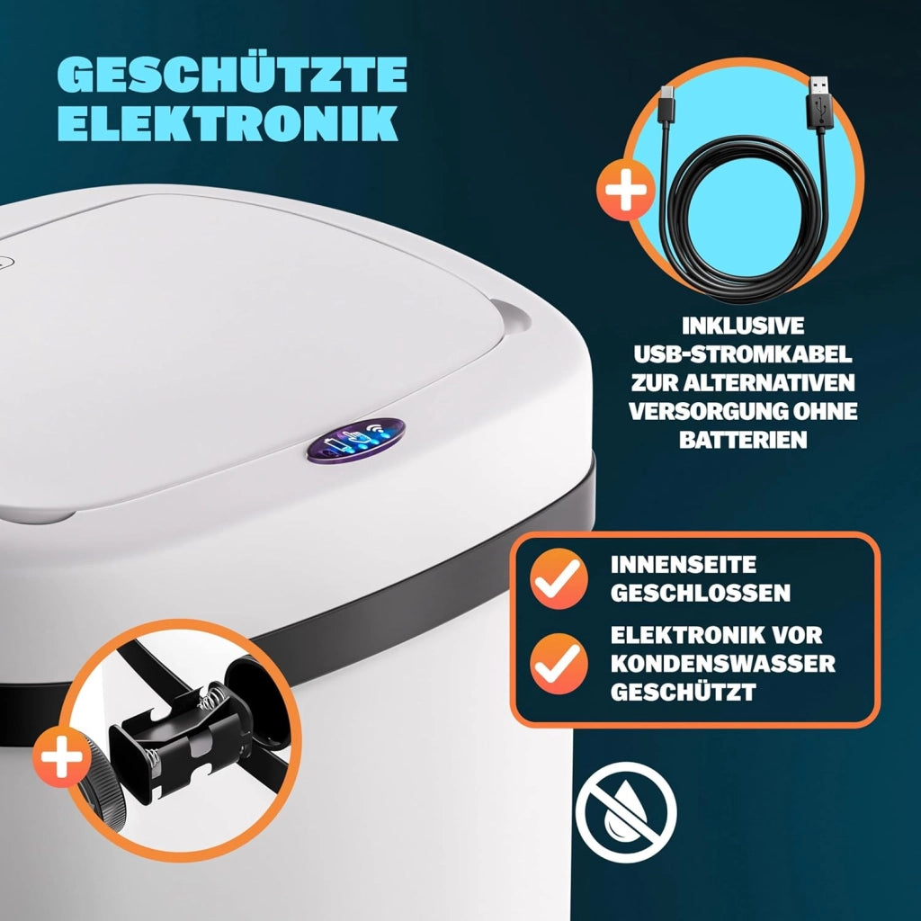 ® Cestino per Rifiuti con Sensore 50L in Acciaio Inox Pattumiera con Fissaggio Coperchio incl. Cavo USB Secchio Display LED