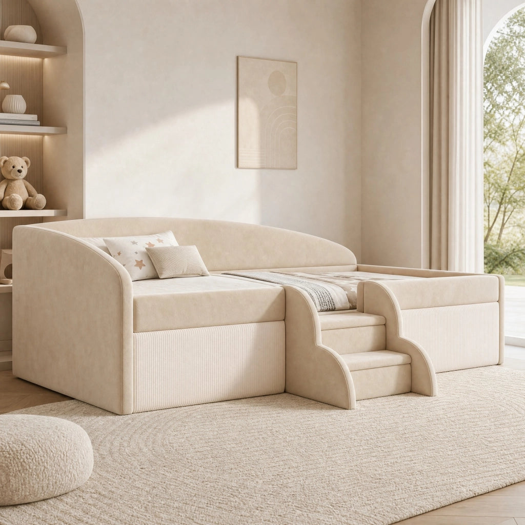Letto per Bambini 90x190 cm; Letto Singolo - Schienale Curvo; Gradini; Sponde Beige